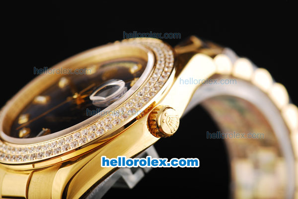 Rolex Day-Date II Automatic Movement Full Gold with Double Row Diamond Bezel-Blue Dial and Diamond Markers - Click Image to Close